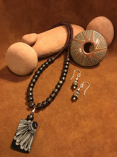 Garnets, Acacia Beads with Carved Shell Flower Pendent