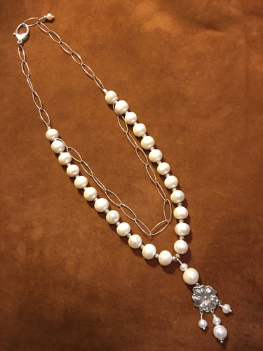 Freshwater Pearls, Sterling Silver Drop Flower & Pearl Pendent