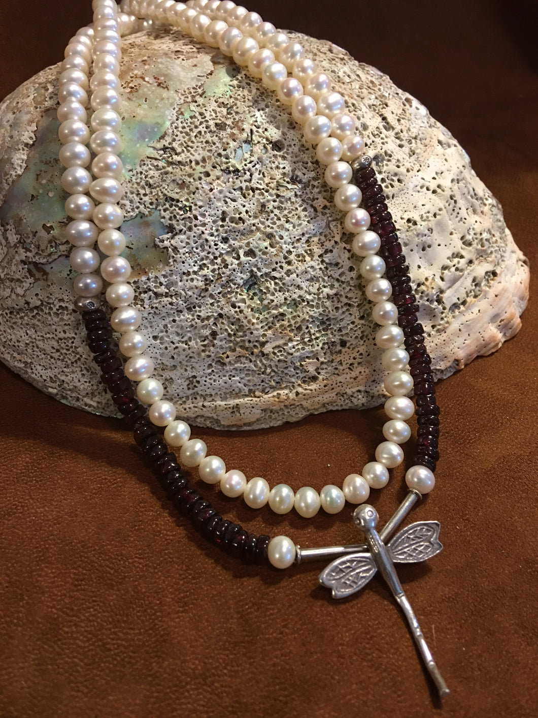 Pearl & Garnet with Bali Sterling Silver Dragonfly Pendent